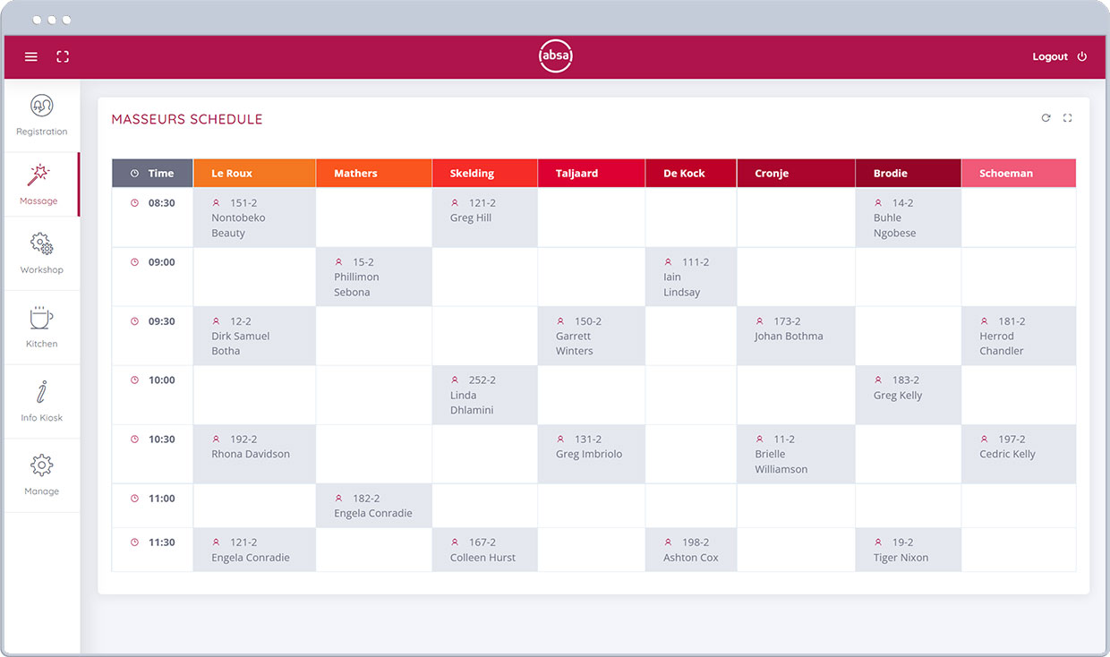 Masseurs schedule